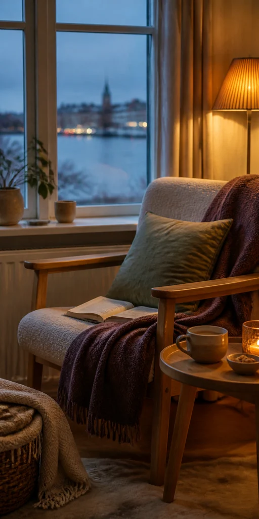 Светлый датский уголок hygge с креслом и тёплым напитком